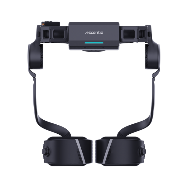 Front studio view of the Ascentiz H pro exoskeleton belt featuring adjustable leg support frames, dual thigh cuffs, and a central back module with a cyan LED light strip.