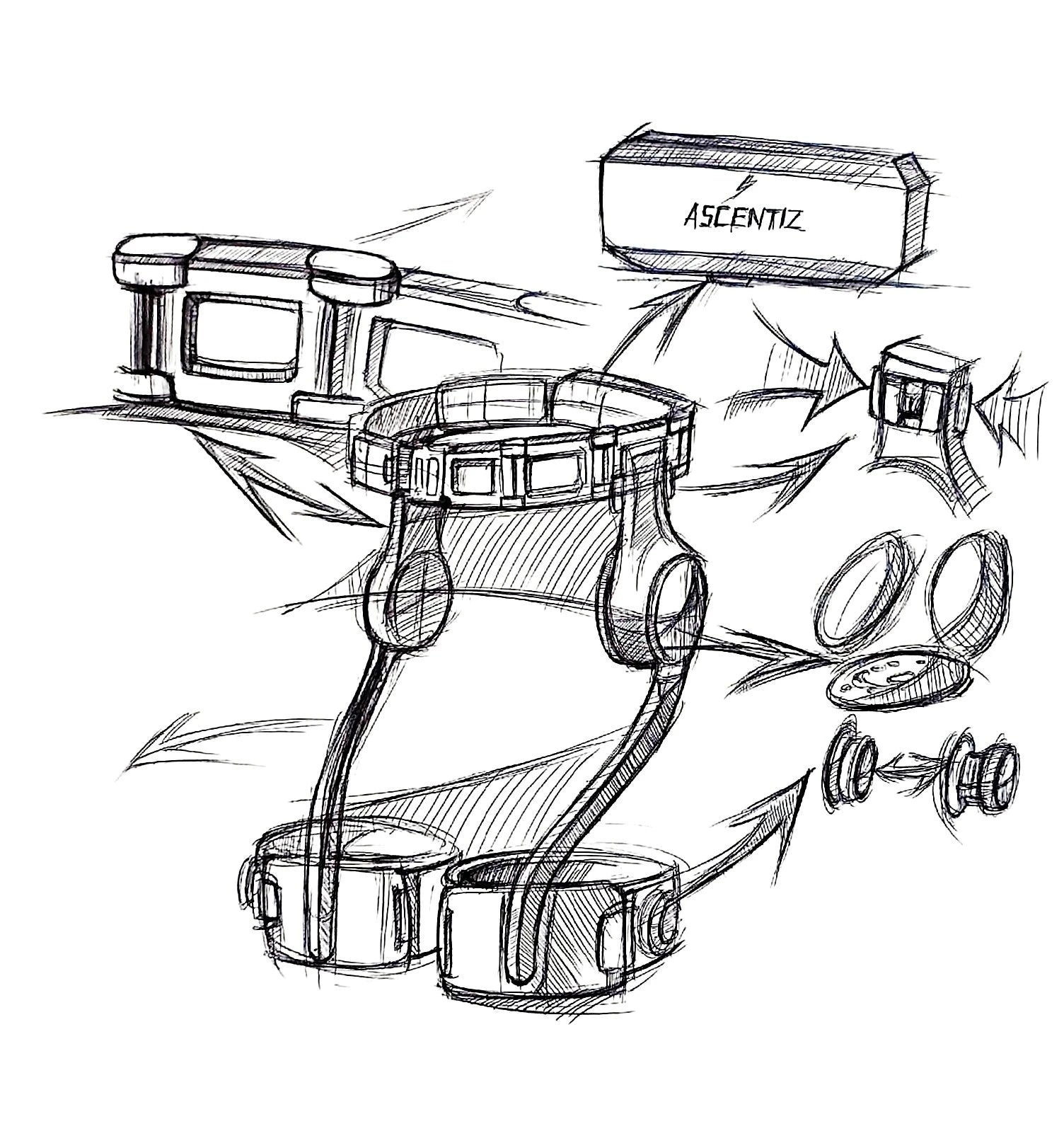 Hand-drawn design sketch of Ascentiz exoskeleton for outdoor