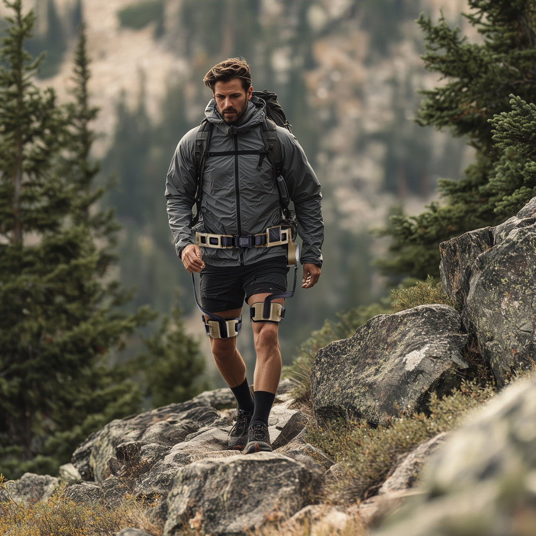 Man hiking on a rocky mountain wearing the Ascentiz hip exoskeleton to boost the mobility.