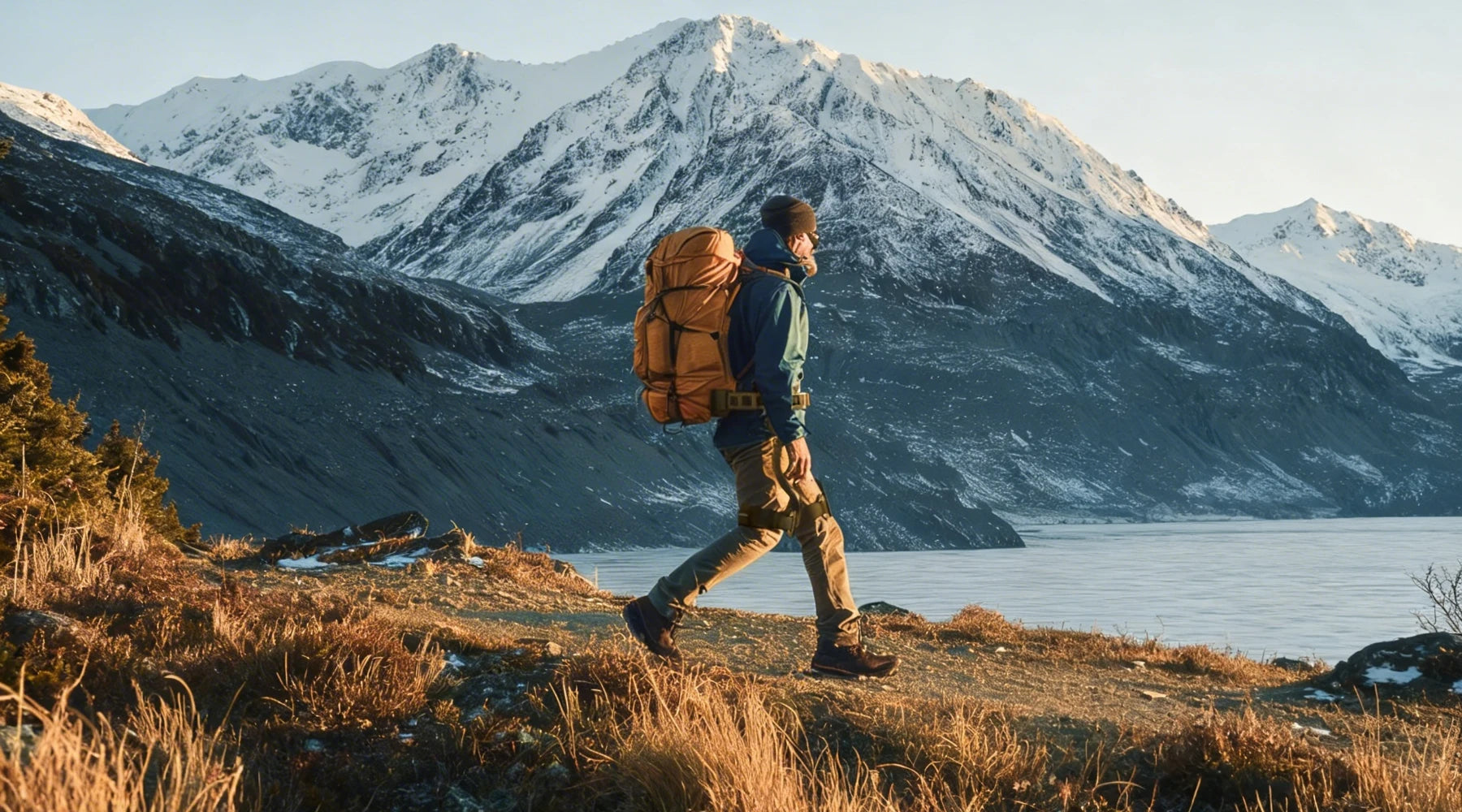 Person with a backpack walking in the wilderness wearing the Ascentiz hip exoskeleton.
