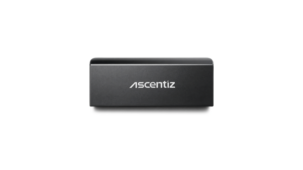 Studio shot of the Ascentiz exoskeleton intelligent battery pack, featuring a black rectangular design with a brushed metal finish and a white printed logo.