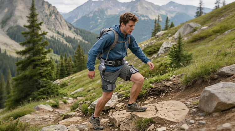 Hiker wearing an Ascentiz H Ultra powered hip exoskeleton on a steep mountain trail.