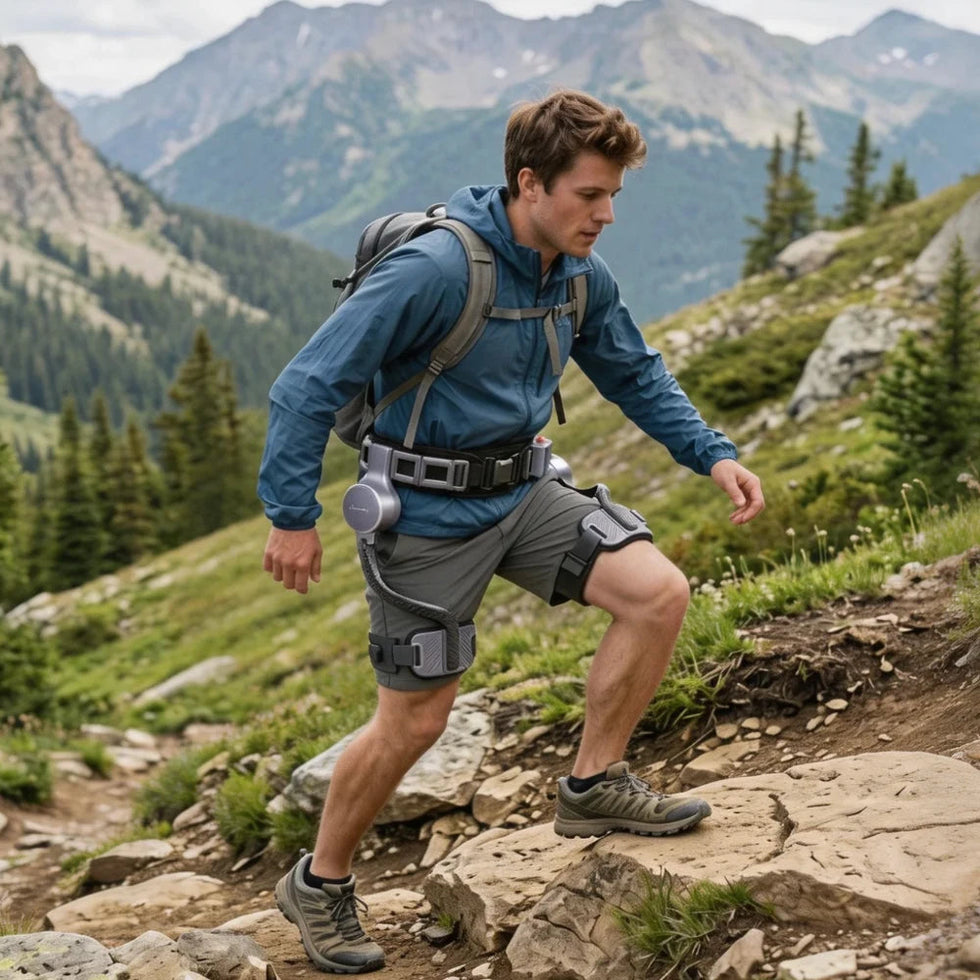 Hiker wearing an Ascentiz H Ultra powered hip exoskeleton on a steep mountain trail.