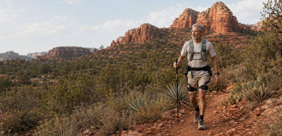 A hiker wearing the Ascentiz modular exoskeleton on a mountain trail, demonstrating motorized hip assistance during outdoor walking.
