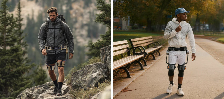 Hiker wearing an Ascentiz powered hip exoskeleton on a mountain trail