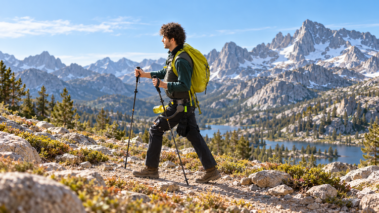 A hiker wearing an Ascentiz H Series hip exoskeleton walks with trekking poles on an open mountain approach.