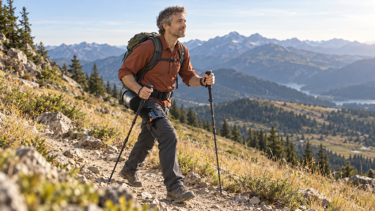 Hiker wearing an Ascentiz exoskeleton and backpack on a mountain trail.
