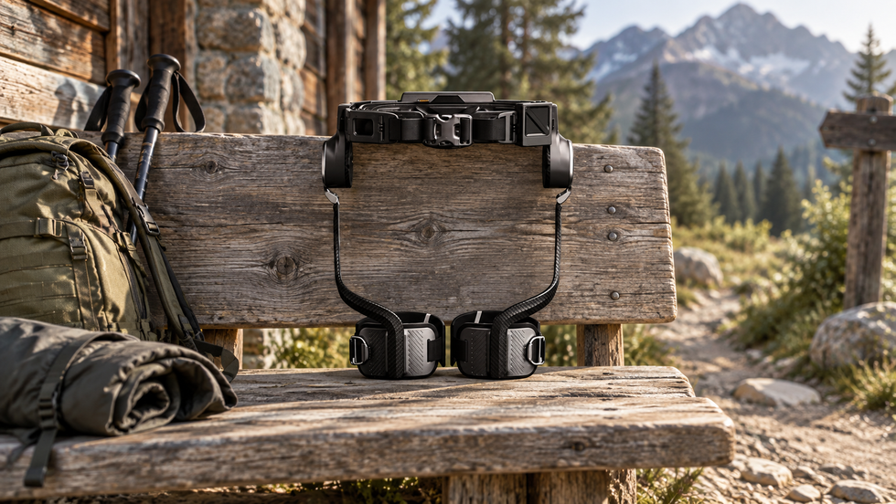 Ascentiz H Series exoskeleton beside a hiking backpack at a mountain cabin.