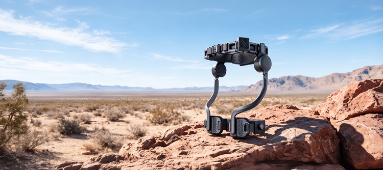 Ascentiz H Series hip-assist exoskeleton displayed on desert rocks.