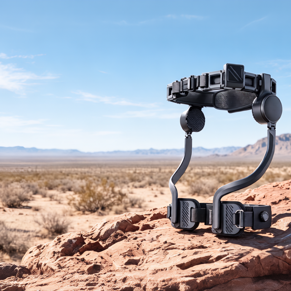 Ascentiz H Series hip-assist exoskeleton displayed on desert rocks.