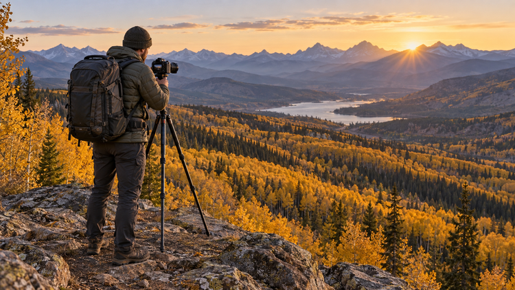 Photographer with a camera backpack and tripod overlooking autumn forest and mountains at sunrise.