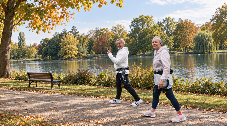 Older adults wearing Ascentiz exoskeletons on a park walk.