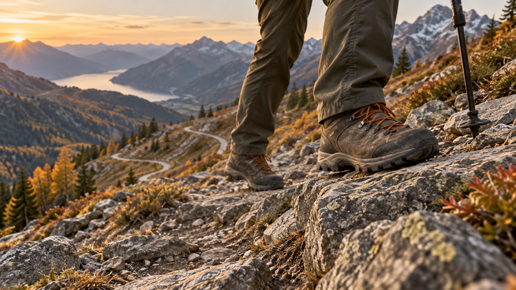 Hiking boots taking a deliberate uphill step on a rocky alpine trail