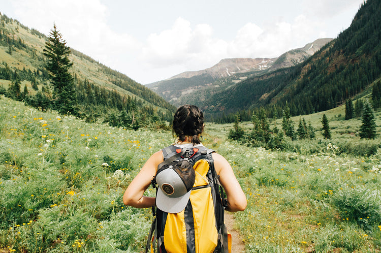 Backpacker with a yellow pack hiking through a wildflower meadow in the mountains.