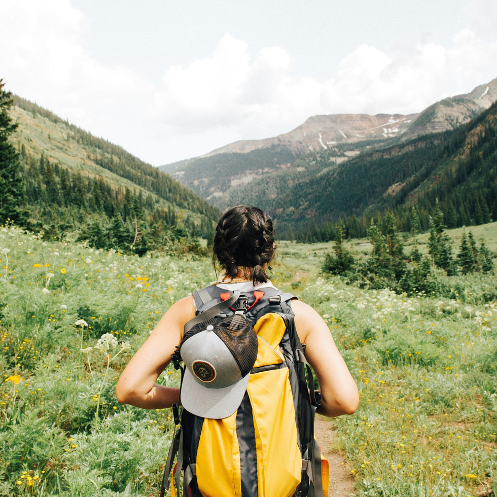 Backpacker with a yellow pack hiking through a wildflower meadow in the mountains.