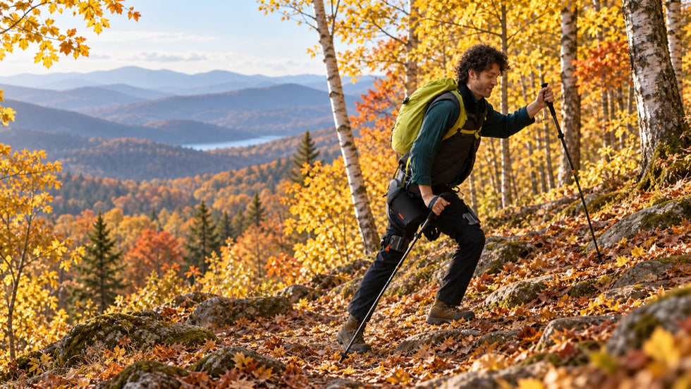 A hiker wearing an Ascentiz H Ultra climbs through golden autumn woodland.