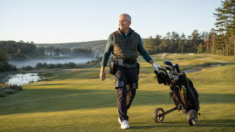 Golfer walking a fairway with an Ascentiz powered hip exoskeleton and golf bag.