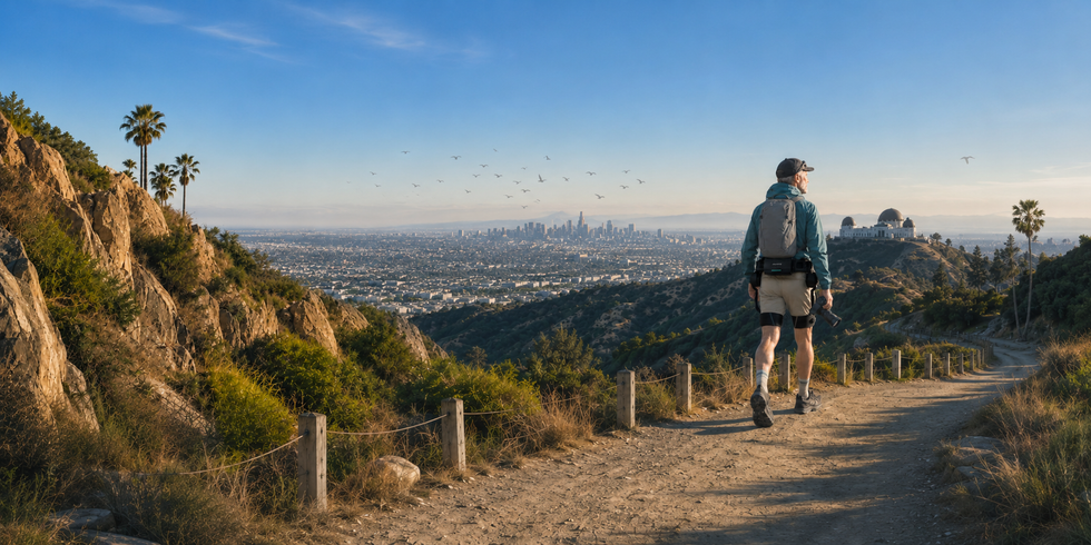 Backpacker hiking along a mountain trail with a day pack.