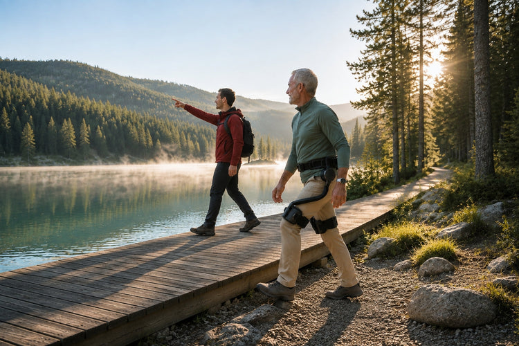 Hiker wearing an Ascentiz powered hip exoskeleton beside a mountain lake.