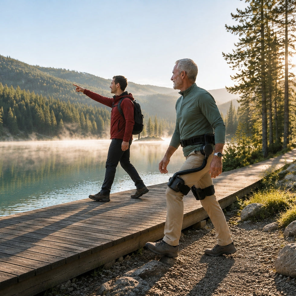 Hiker wearing an Ascentiz powered hip exoskeleton beside a mountain lake.