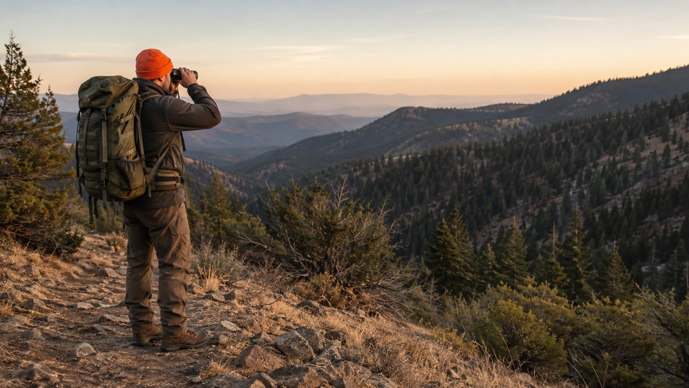 A hunter scans a distant ridge at dawn with binoculars and a loaded backpack.