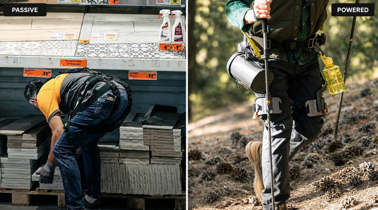Passive upper-body support at a workstation beside an Ascentiz powered hip exoskeleton outdoors