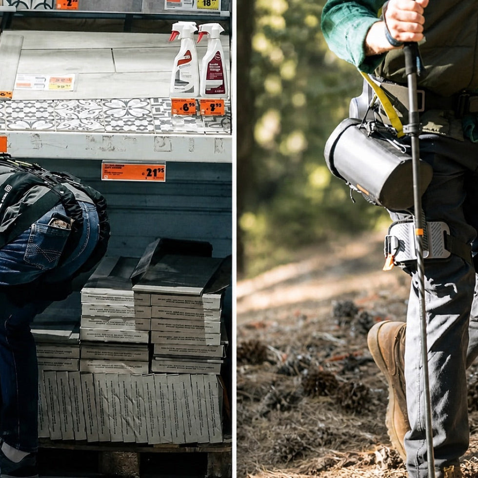 Passive upper-body support at a workstation beside an Ascentiz powered hip exoskeleton outdoors