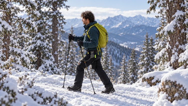 A hiker wearing an Ascentiz H-series hip exoskeleton on a snowy mountain trail.