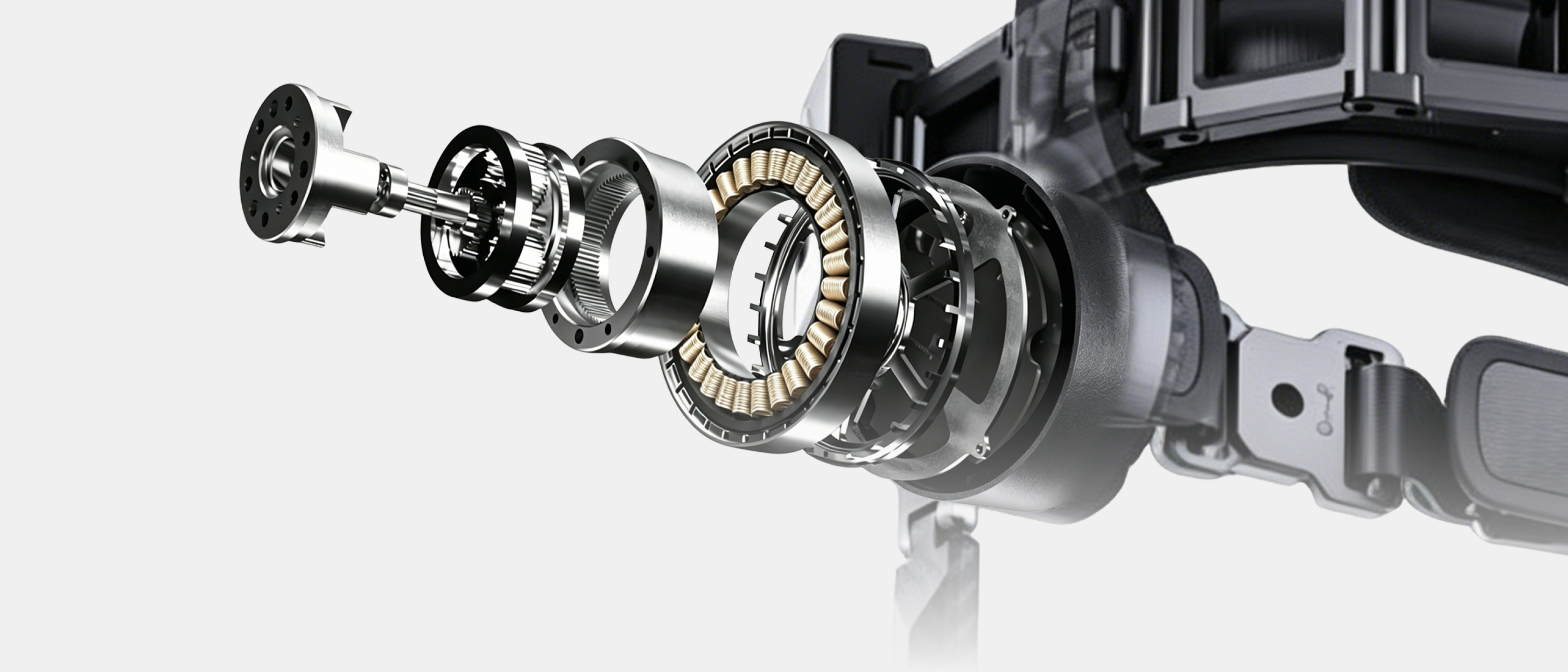 Exploded view of the Ascentiz Exo-Belt internal motor components, detailing the copper stator coils, gear mechanism, and mechanical joint structure.