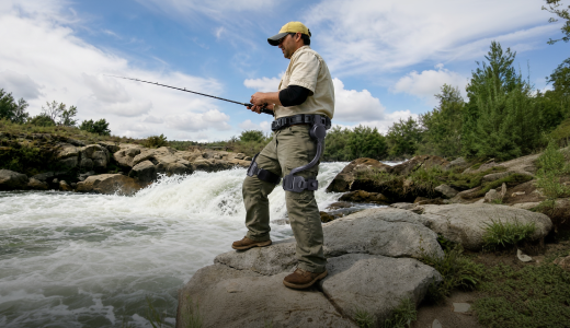 A man wearing the Ascentiz exoskeleton fishing on a large rock by a rushing river, demonstrating lower-body stability in outdoor environments.