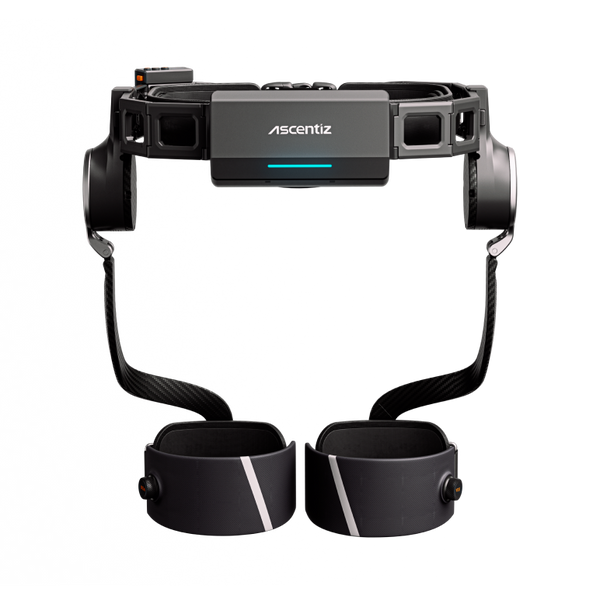 Rear studio view of the Ascentiz H Ultra exoskeleton, featuring the central core module with logo and cyan LED, along with lightweight carbon fiber leg frames and thigh cuffs.