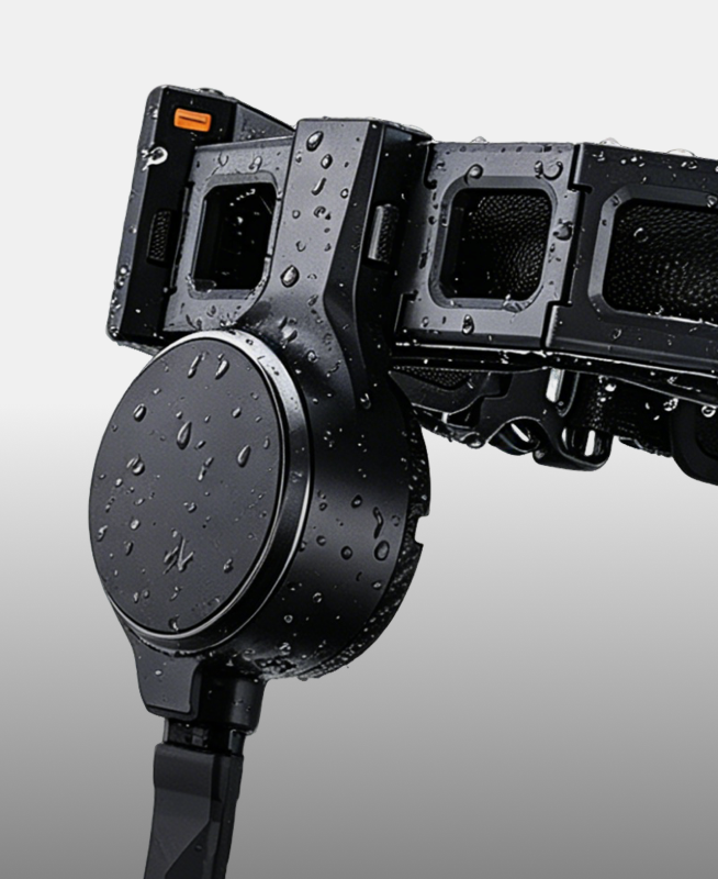 Close-up of the Ascentiz exoskeleton side mechanical joint and motor housing covered in water droplets, demonstrating waterproof reliability in wet outdoor conditions. Vertical mobile view.