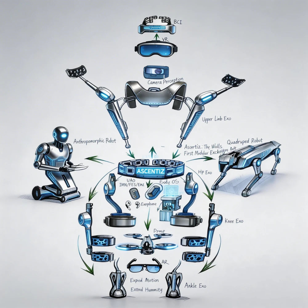 Diagram of a robot exoskeleton with various adjustable components