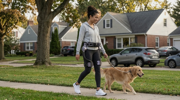 Blog lifestyle image of a young woman wearing the Ascentiz hip exoskeleton while walking a dog on a suburban street, showcasing everyday mobility assistance and walking fatigue reduction.