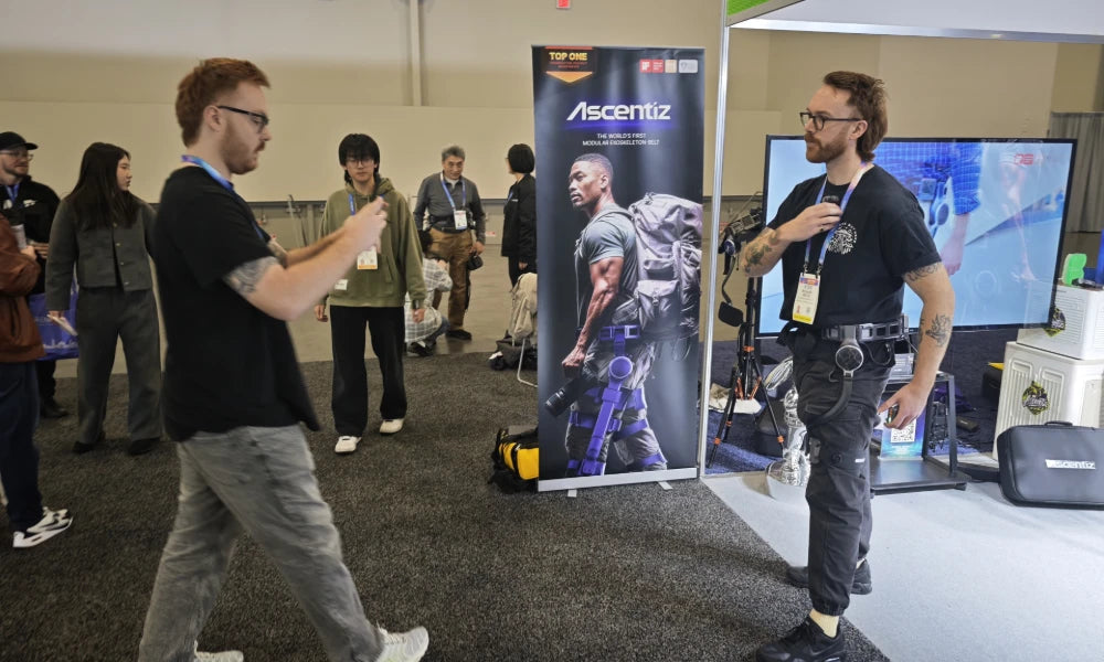 Viewers tried Ascentiz exoskeletons at the booth.