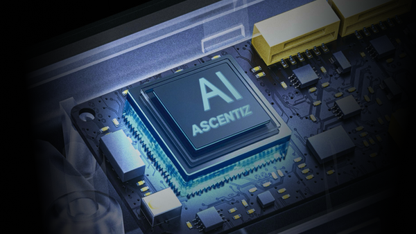 Close-up of the embedded AI processor chip labeled AI ASCENTIZ on the Exo-Belt Pro circuit board, featuring glowing blue and cyan lighting effects.