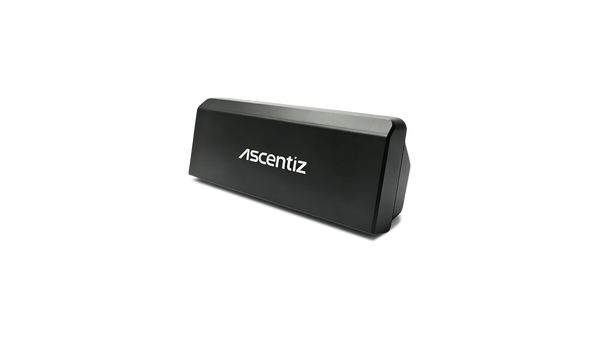 Perspective studio shot of the Ascentiz exoskeleton intelligent battery pack, showcasing the white 'Ascentiz' logo on the matte black front casing with a slim profile.