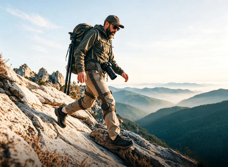 A male hiker is walking down a rocky mountain trail wearing the Ascentiz K series exoskeleton.