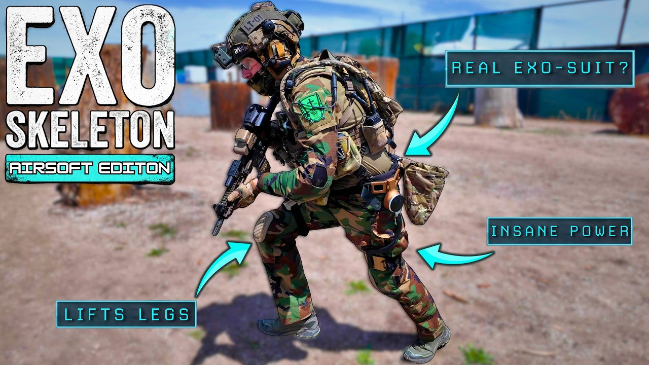 A man in a camouflage military exo-suit