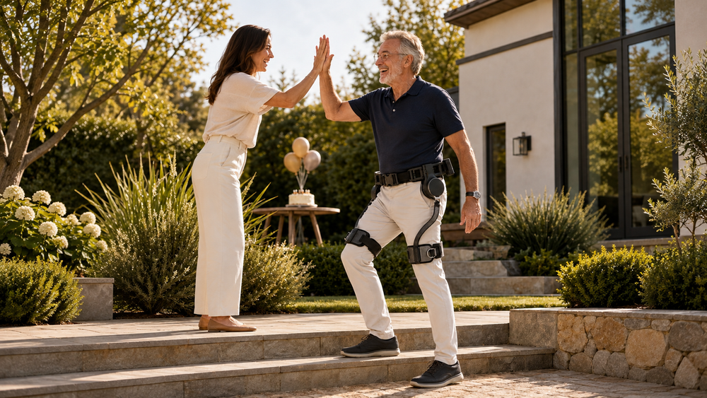 An older parent wearing an Ascentiz hip exoskeleton high-fives a family member outdoors.