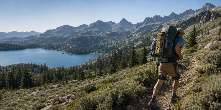 Backpacker wearing an Ascentiz hip exoskeleton on a rocky trail above an alpine lake.