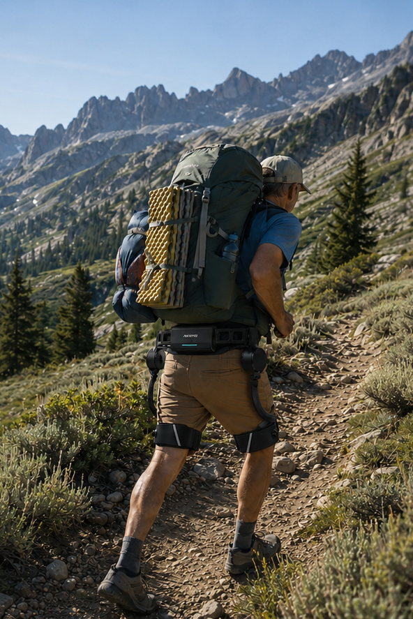 A man hiking on a mountain trail, wearing a large olive green backpack and a pair of Ascentiz bionic legs.