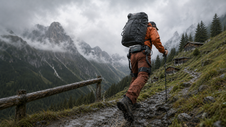 Hiker carrying a large backpack while wearing an Ascentiz H Series hip exoskeleton on a mountain trail.