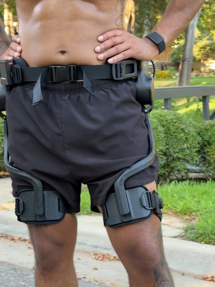 A close-up of a person outdoors wearing Ascentiz hip support device.