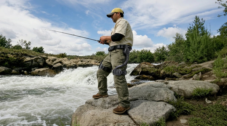 A man is fishing by river, wearing the Ascentiz H Series exoskeletons on the legs.
