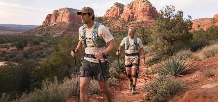 A man hiking on a trail in a desert landscape, wearing a hip-assist hiking exoskeleton to boost strength.