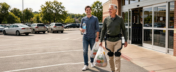 An old man carries bags of groceries, wearing the Ascentiz hip support exoskeleton.