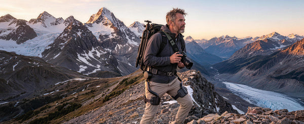 A man hiking on a mountain ridge with a large black backpack, holding a camera, wearing the Ascentiz hip assistance exoskeleton to take load off the legs.