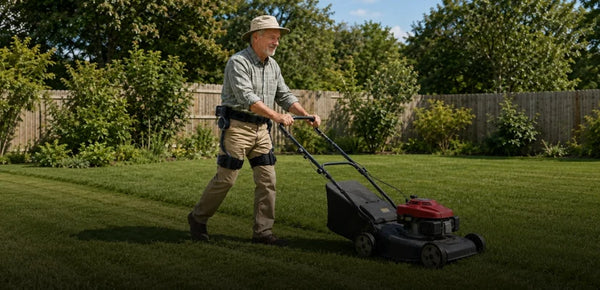 A man pushes a lawnmower across a green lawn, wearing the Ascentiz exoskeleton legs to ease walking.