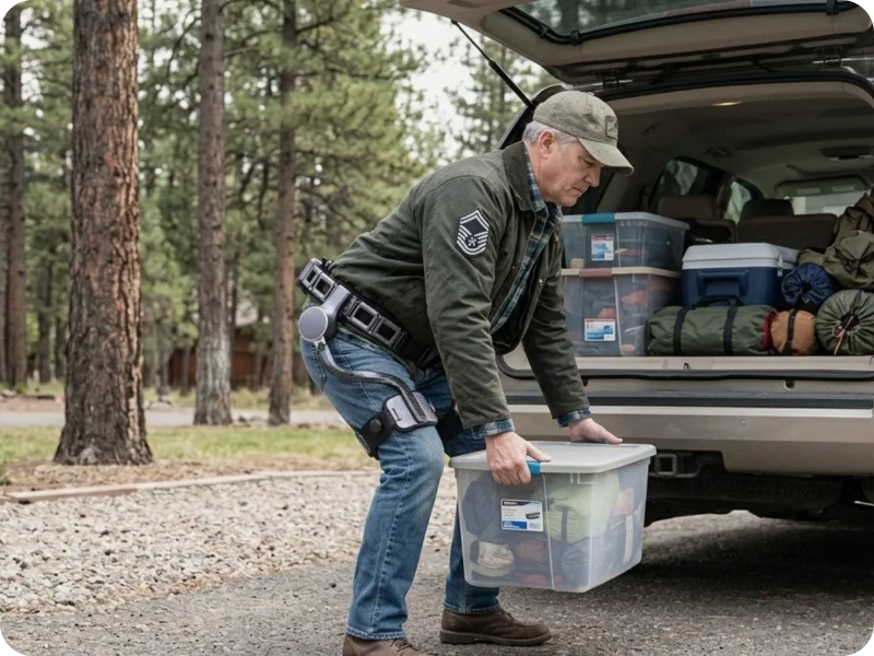 A veteran lifts a box from the ground while wearing the Ascentiz exoskeleton.